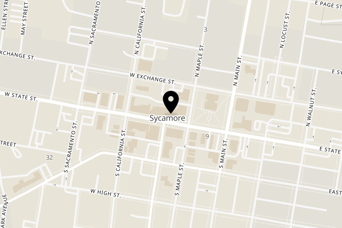 Map showing the location of Taxco Mexican Cuisine on 223 W State St in Sycamore